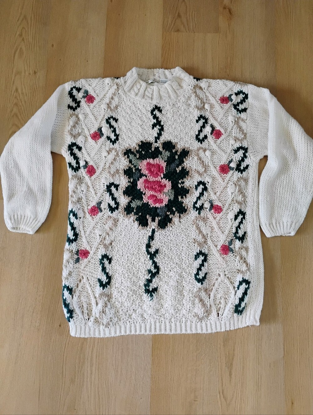 White Floral Hand Knit Vintage Cottagecore Women's Sweater